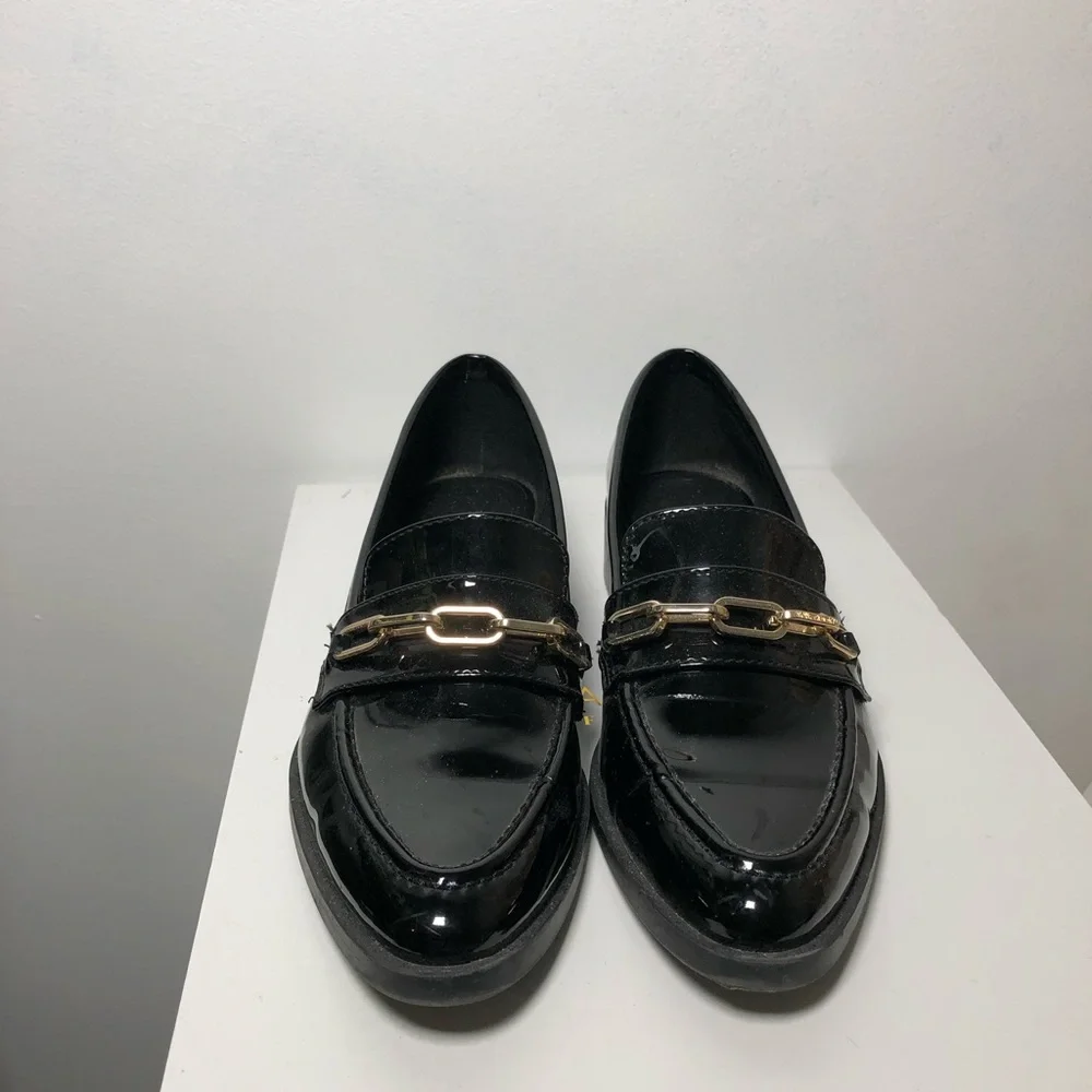 Zara Black Patent Loafers with Gold Chain Detail - Picture 2 of 4